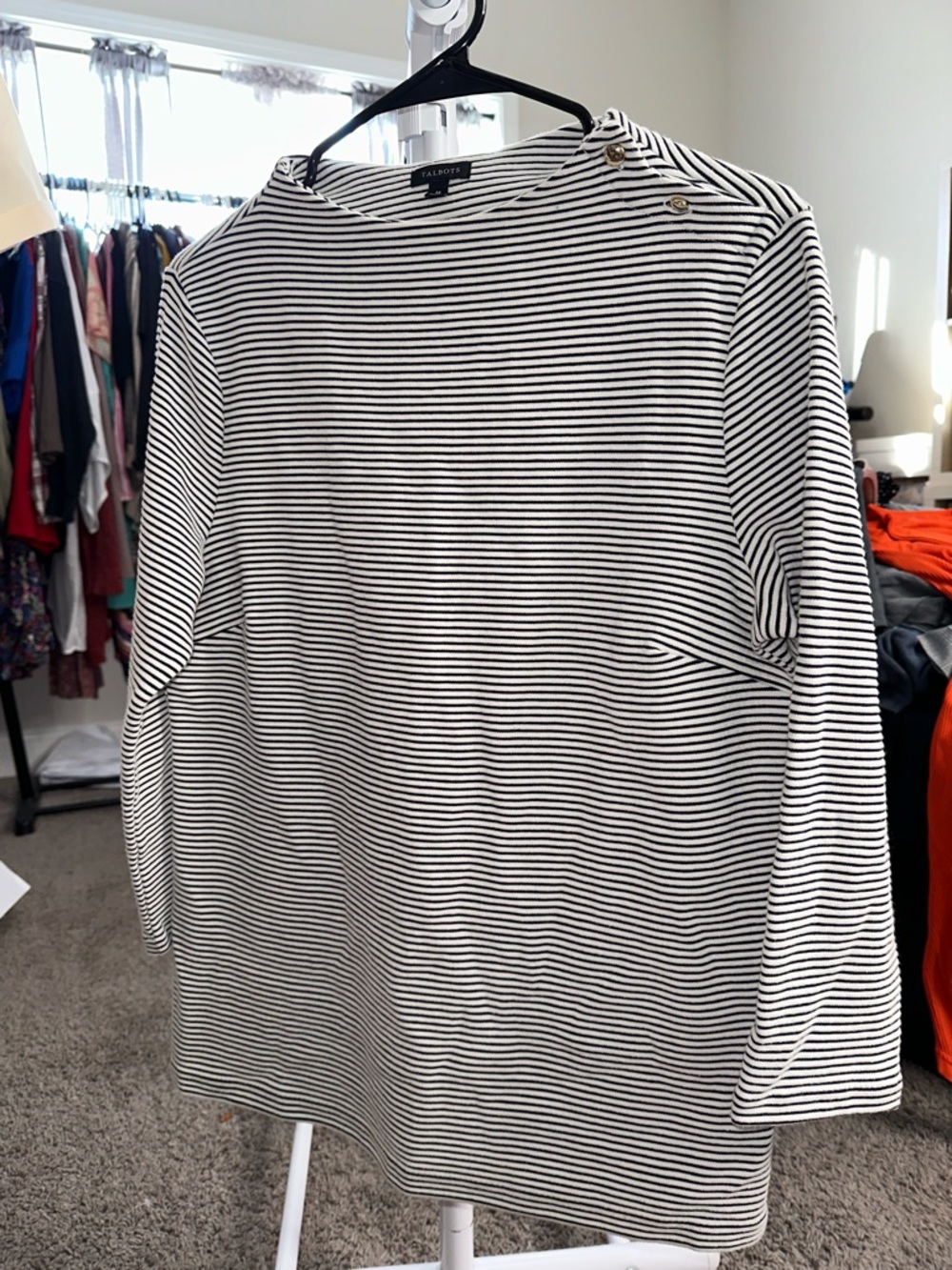 Talbots Black and White Striped Long Sleeve Tee with Shoulder Buttons